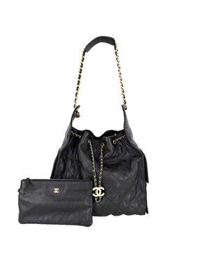 Chanel Handbag Quilted 25 Shoulder Bag CC Logo Caviar Leather Black Gold Vintage